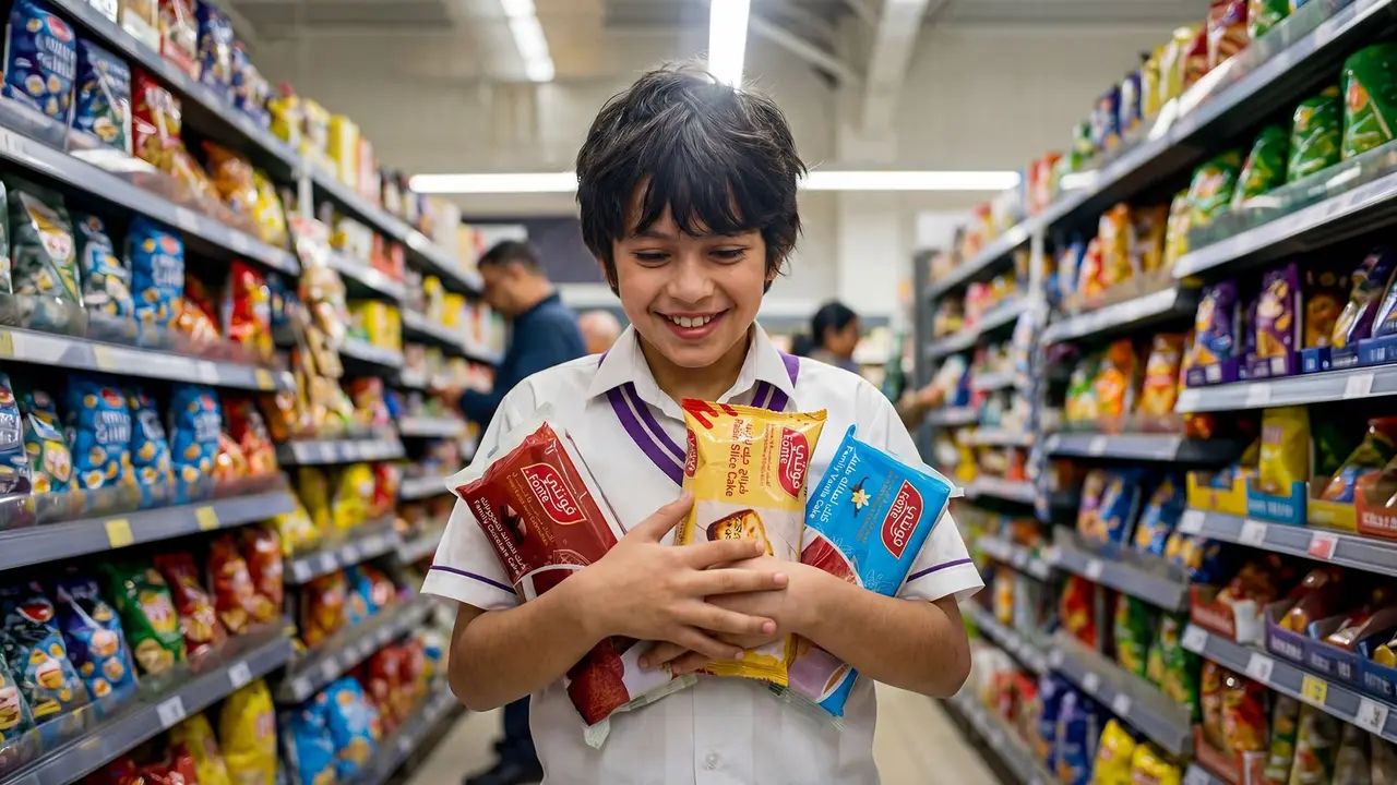 A smiling boy in a supermarket aisle holding packs of Fonte cakes