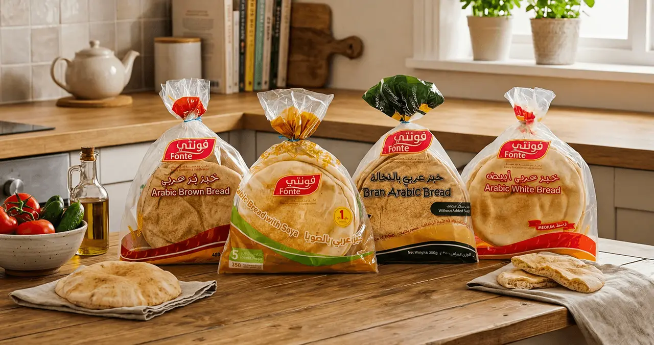 Fonte Arabic white, brown and bran bread packs on a kitchen table