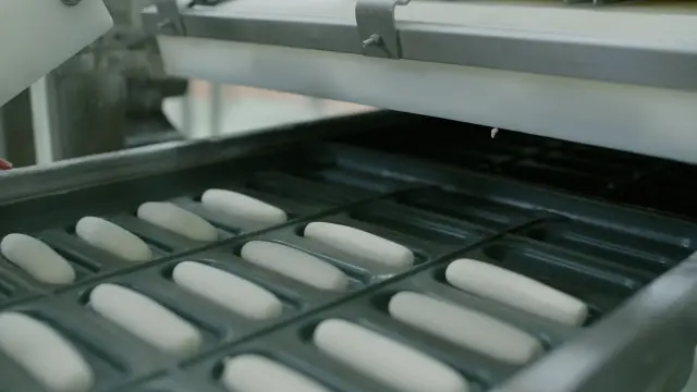 Shaped dough on baking trays entering the oven