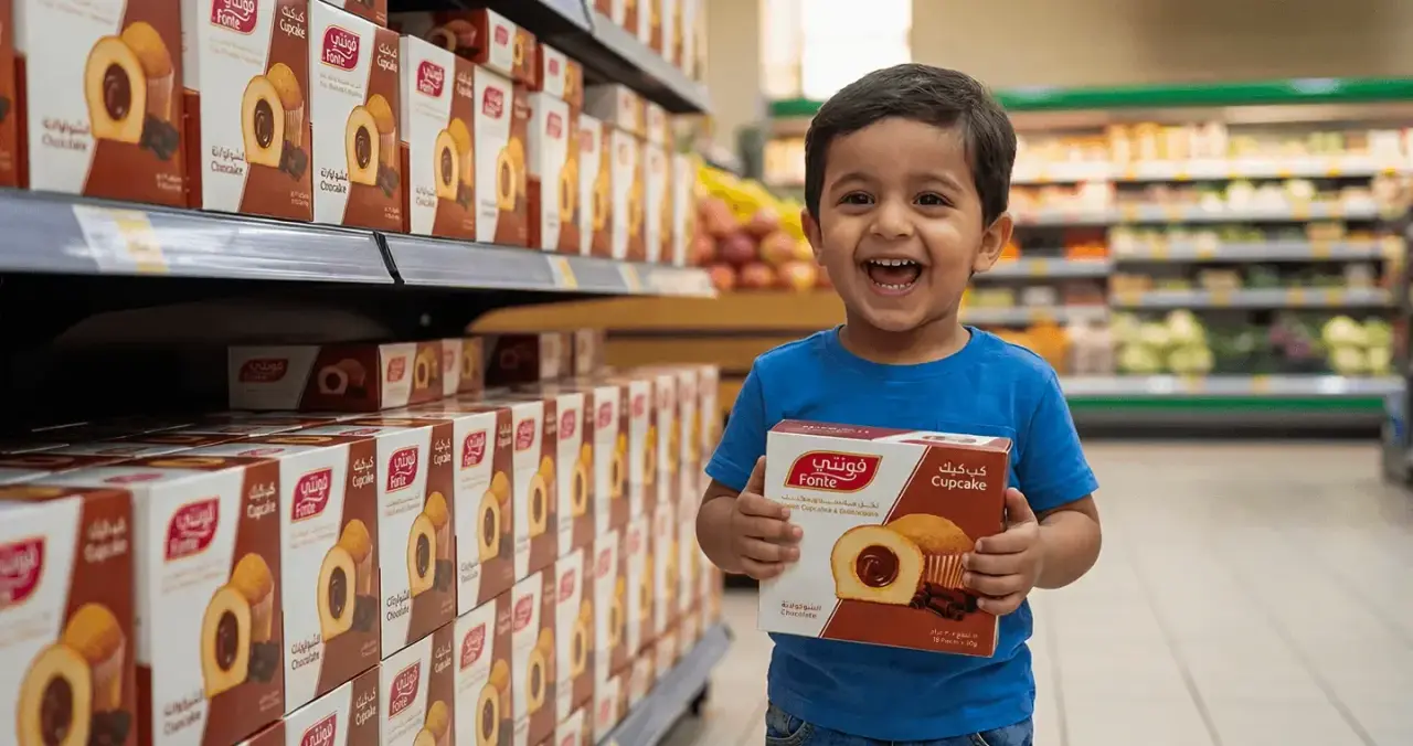 A smiling boy holding a Fonte cupcake in the supermarket