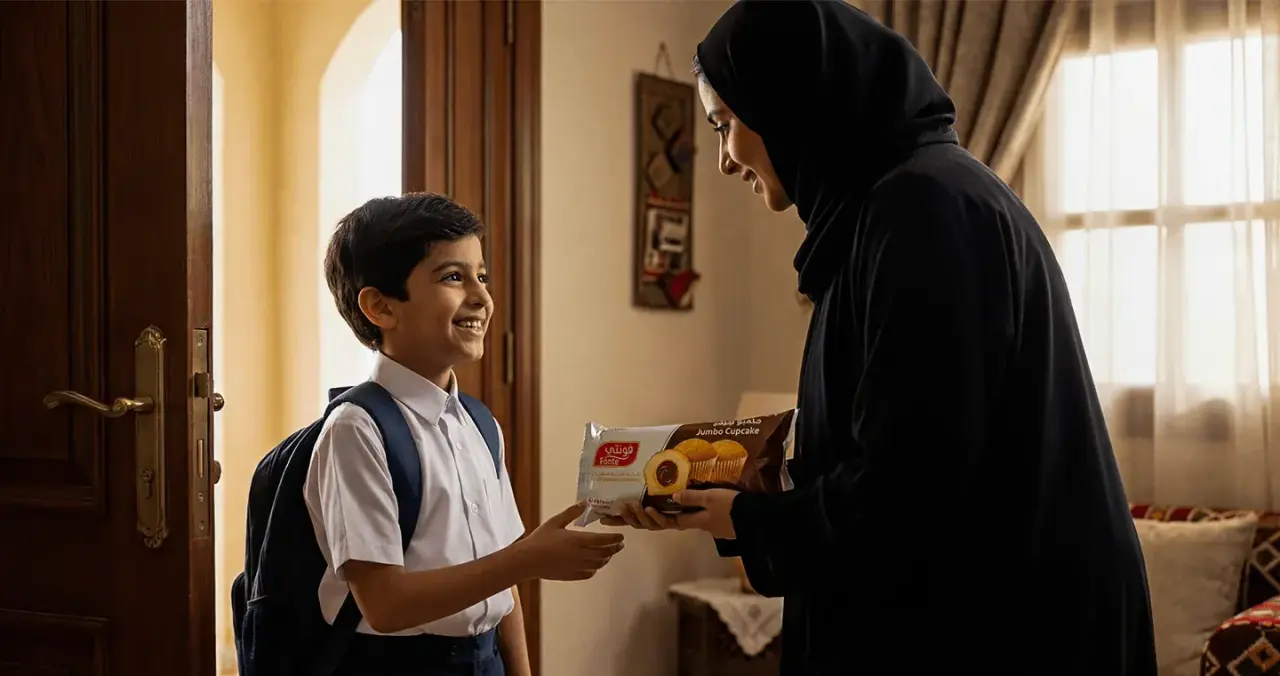 A mother handing her son a Fonte snack before school