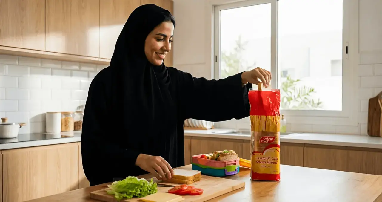 A mother preparing breakfast with a loaf of Fonte toast bread