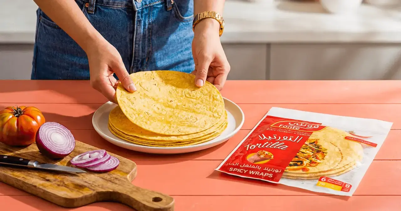 Hands filling a Fonte tortilla wrap
